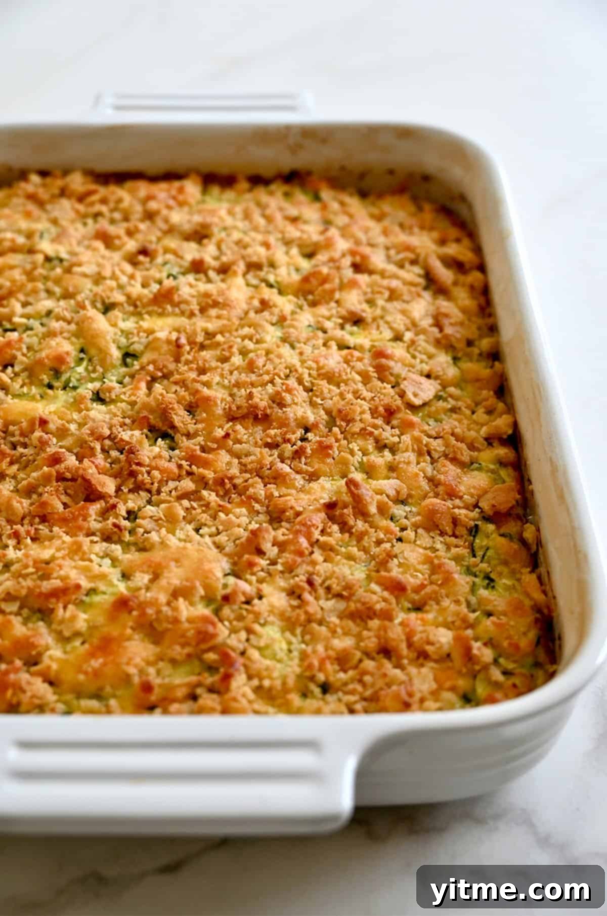 A zucchini casserole with a toasted cracker topping fresh out of the oven.