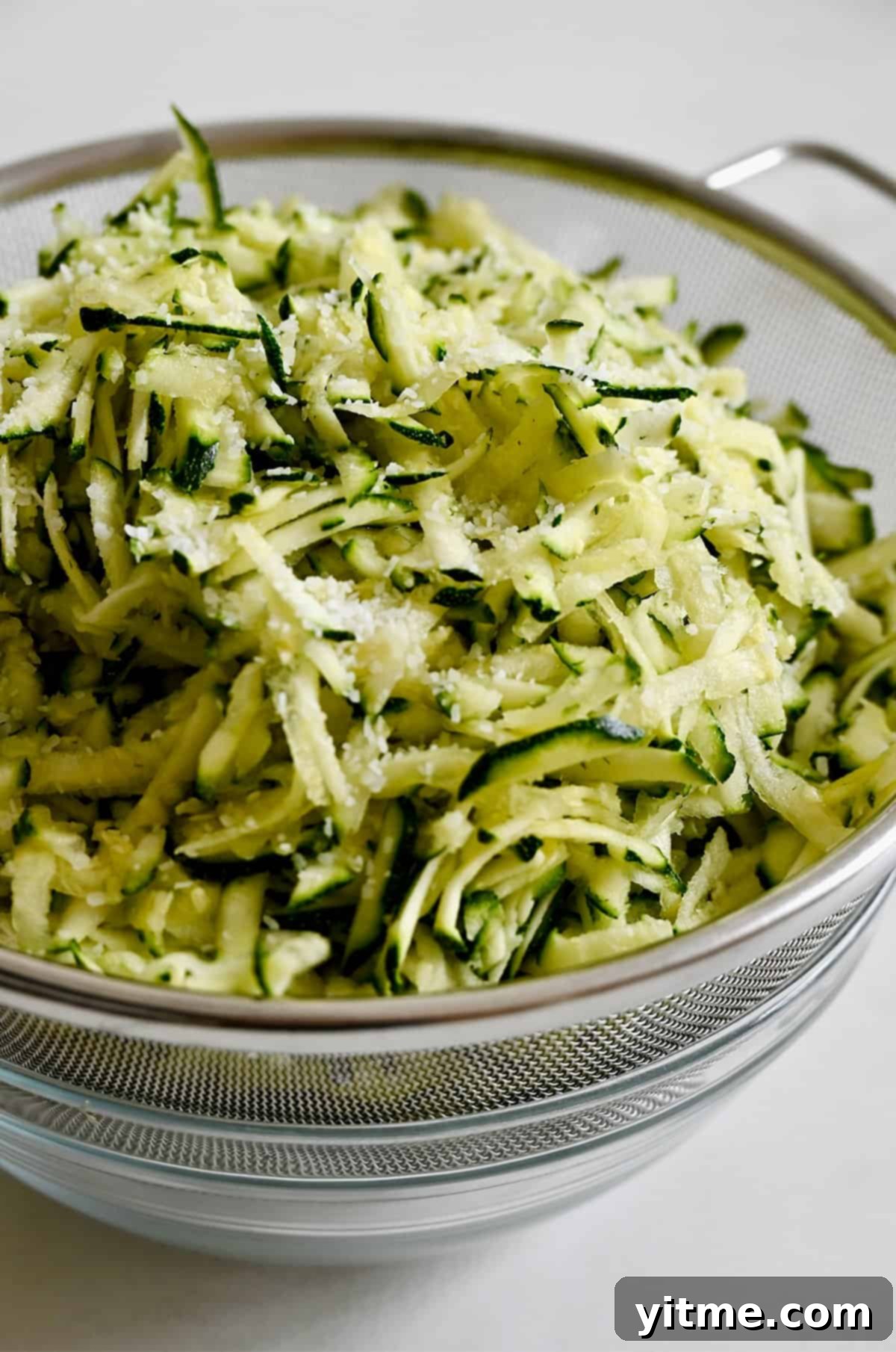Shredded zucchini with salt in a sieve over a bowl.
