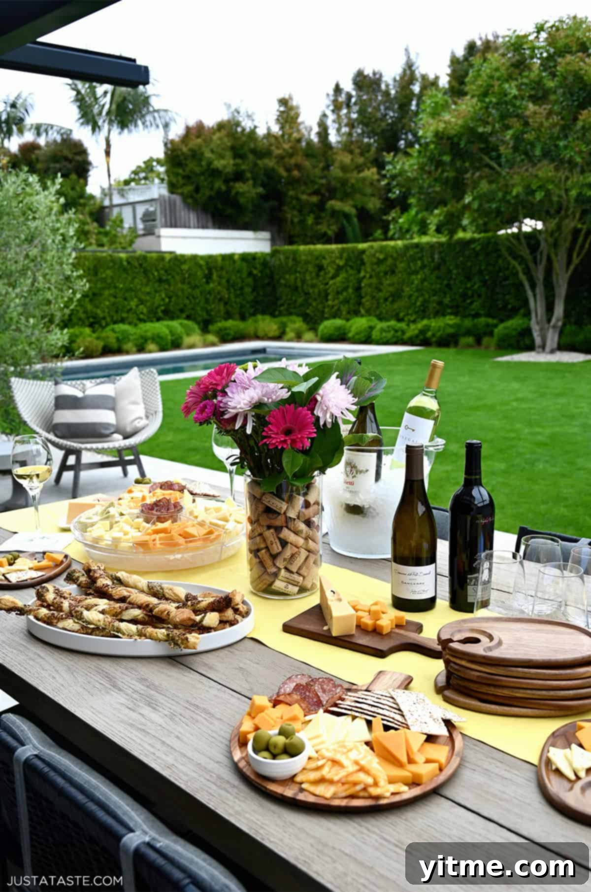 A table set for a wine and cheese party with red and white wines, a floral arrangement in a corkscrew vase, individual charcuterie boards and snacks, creating a delightful ambiance.