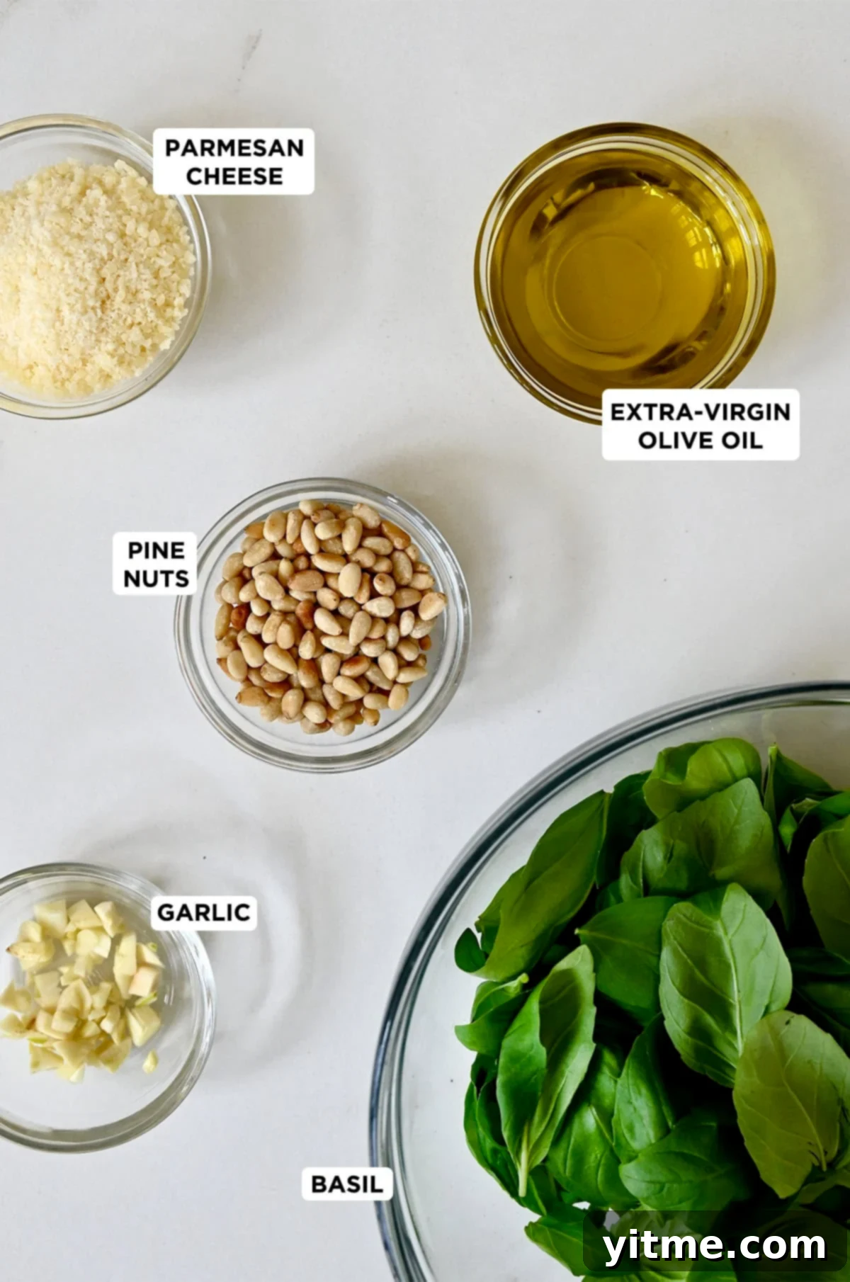 Simple Homemade Basil Pesto 3 Ingredients for homemade basil pesto: fresh basil, Parmesan, garlic, pine nuts, olive oil