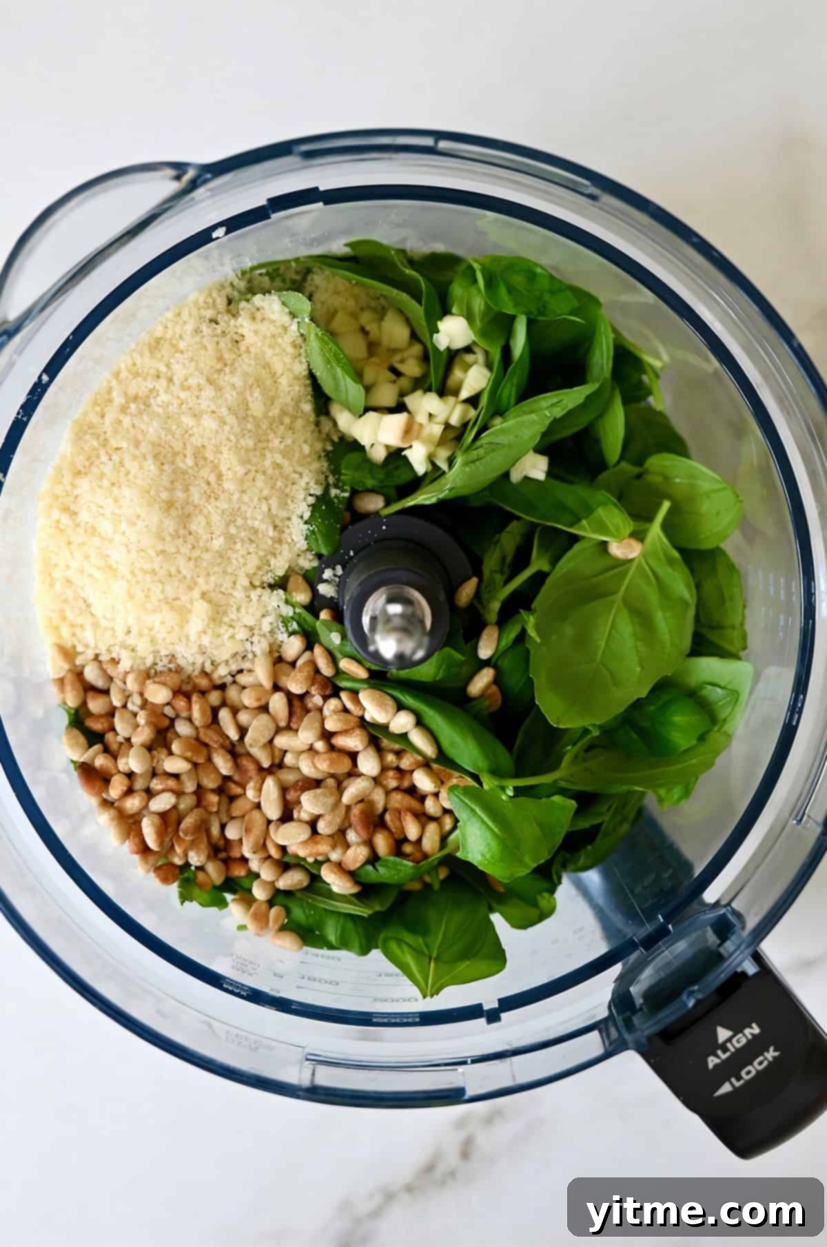 Simple Homemade Basil Pesto 4 Food processor with pesto ingredients: basil, pine nuts, garlic, Parmesan.