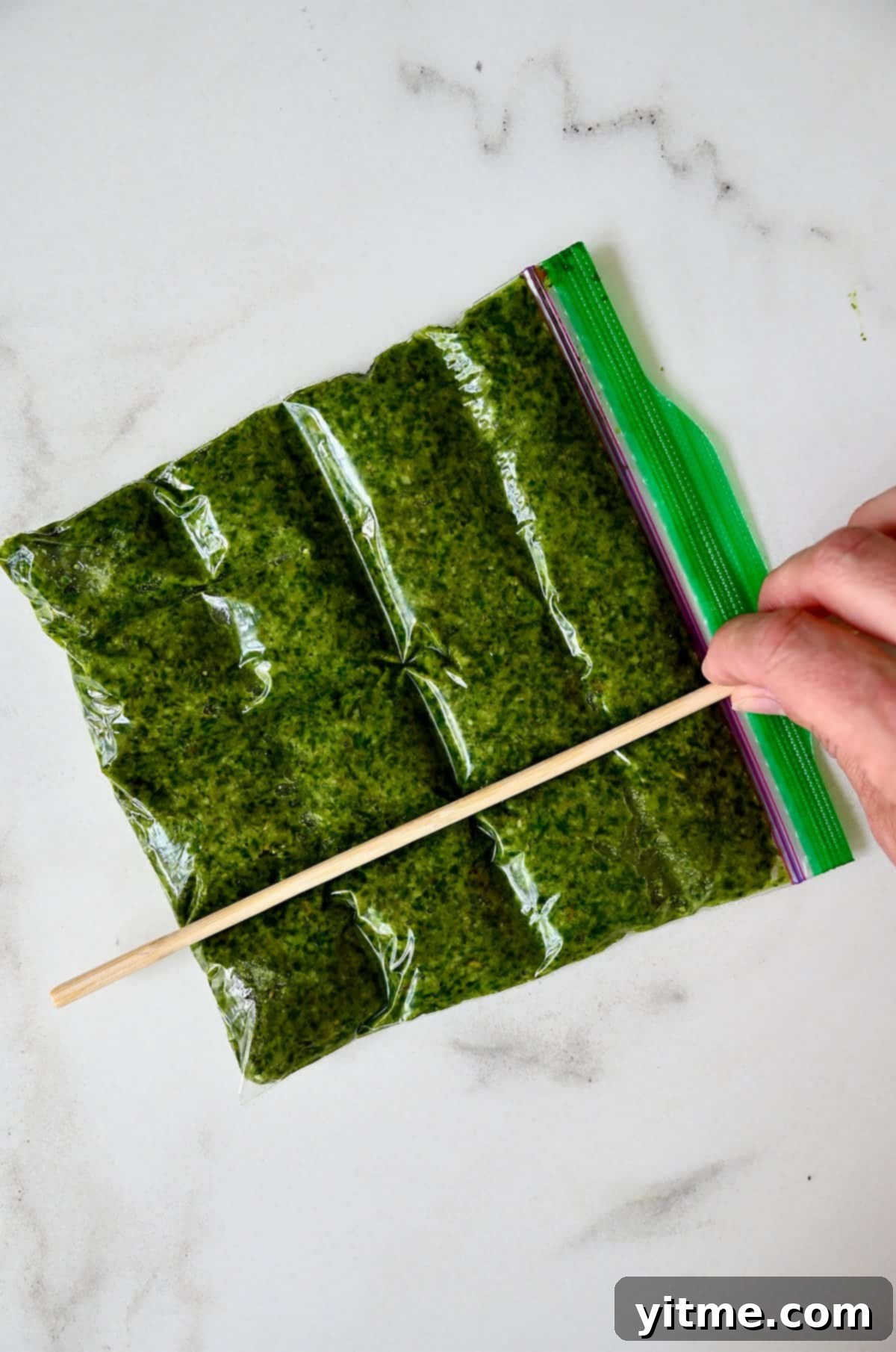 Simple Homemade Basil Pesto 9 A freezer-safe bag with pesto scored for easy portioning, ready for freezing.