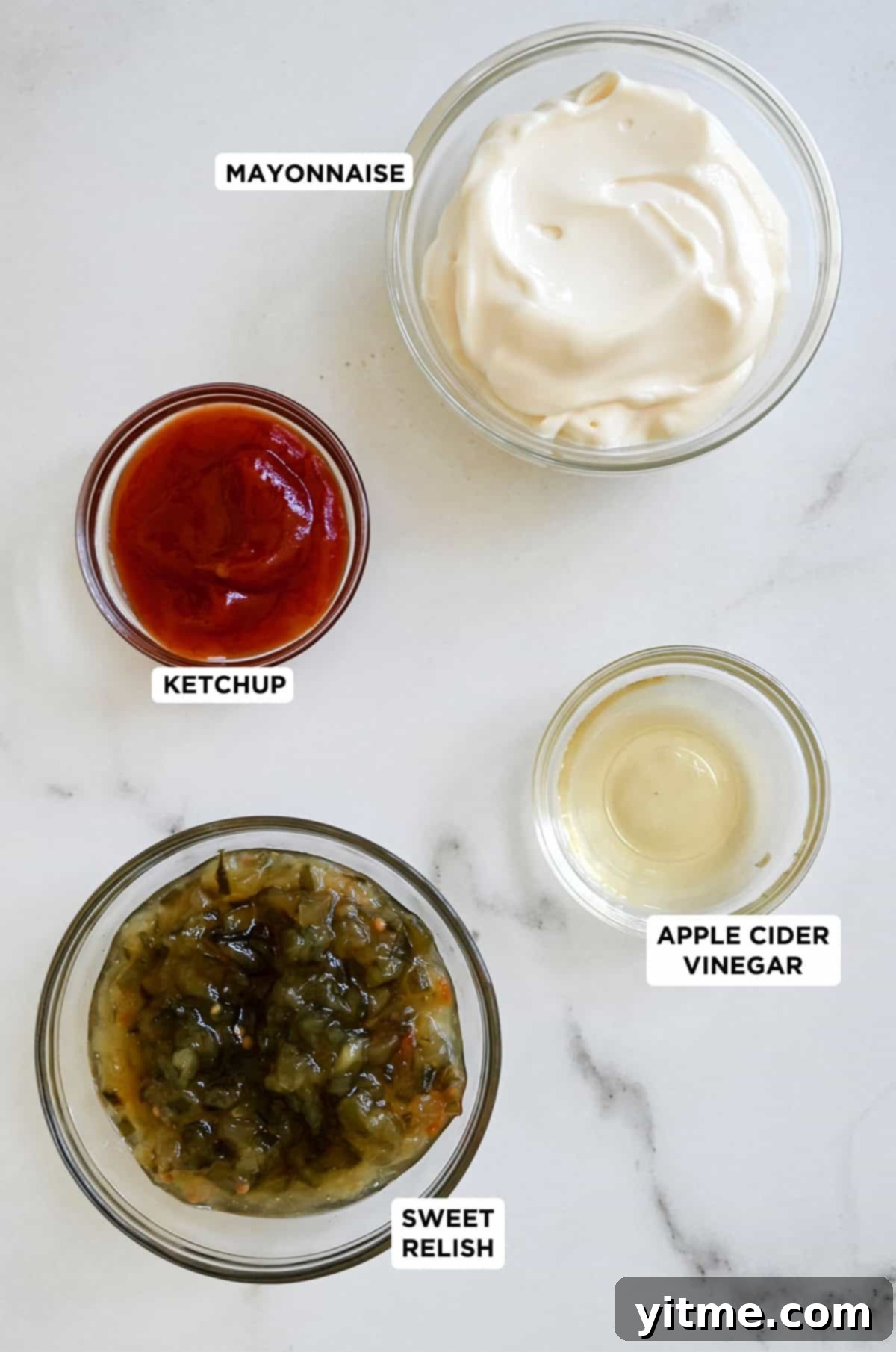 In-N-Out Style Burger Spread 3 Ingredients for homemade burger sauce: mayonnaise, sweet pickle relish, ketchup, and apple cider vinegar.