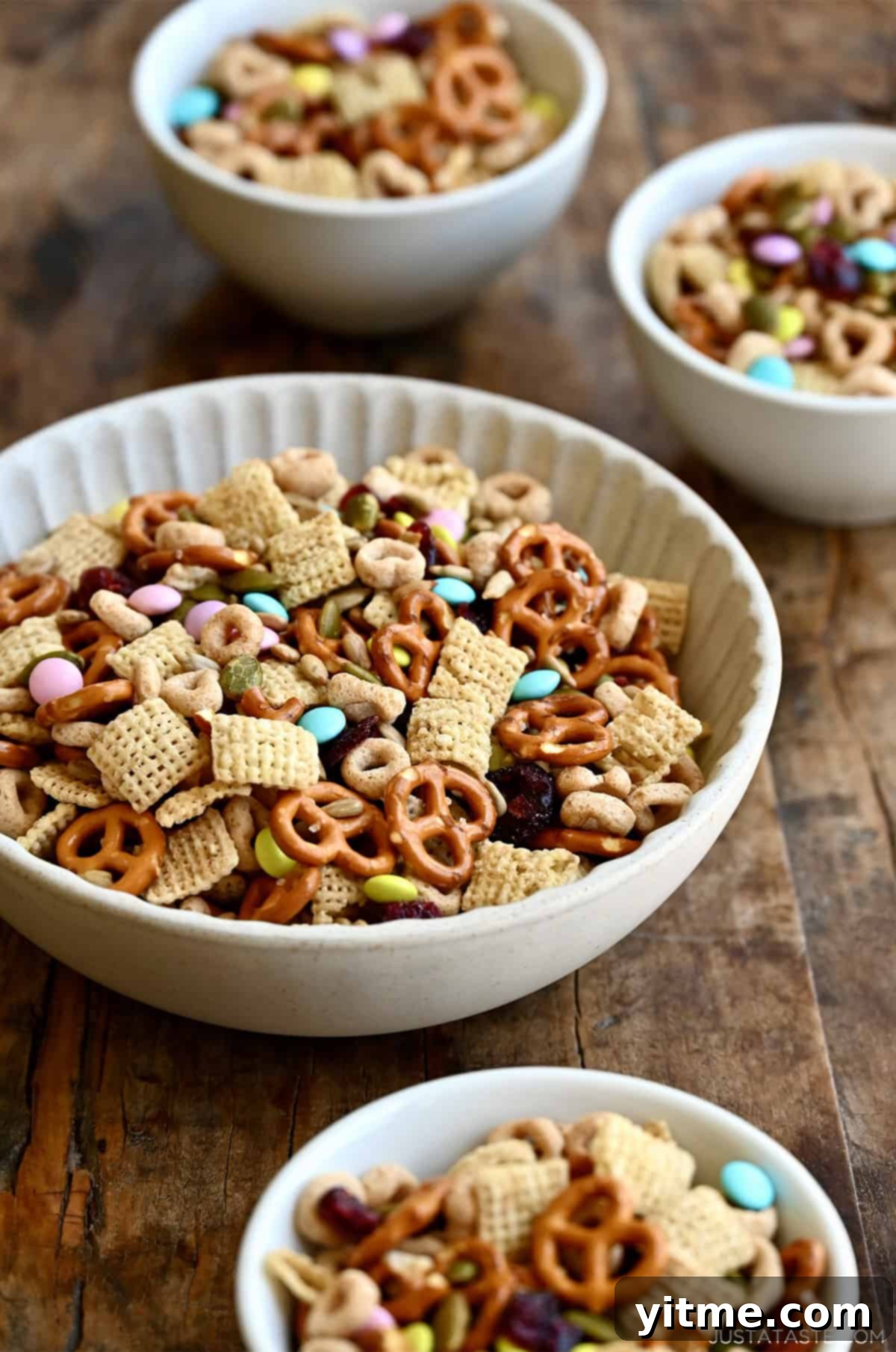 Nut-free and school-friendly homemade trail mix in a white bowl.