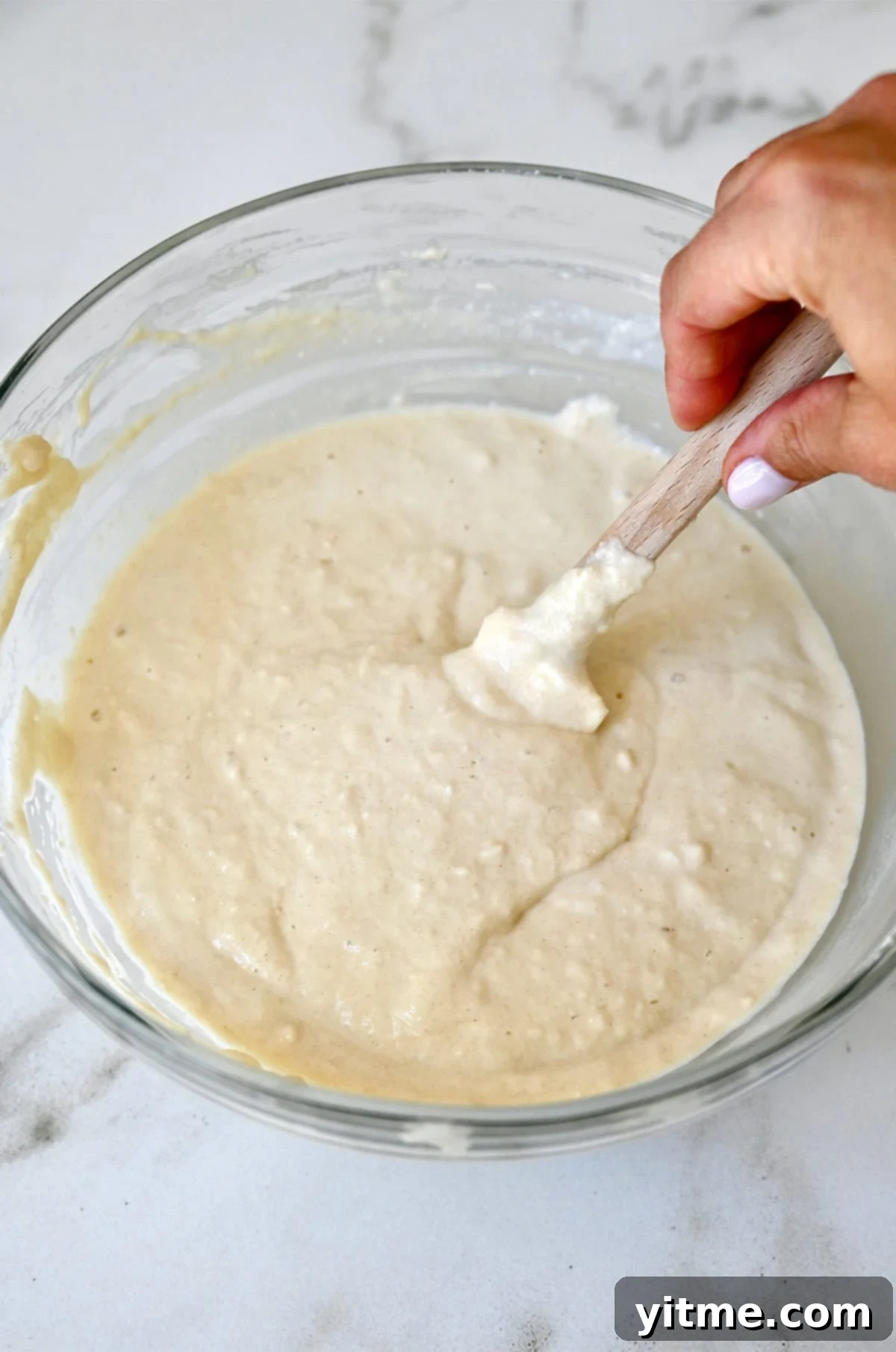 Cloud-Like Cottage Cheese Pancakes 7 Step-by-step instructions for making cottage cheese pancakes: combining wet and dry ingredients.