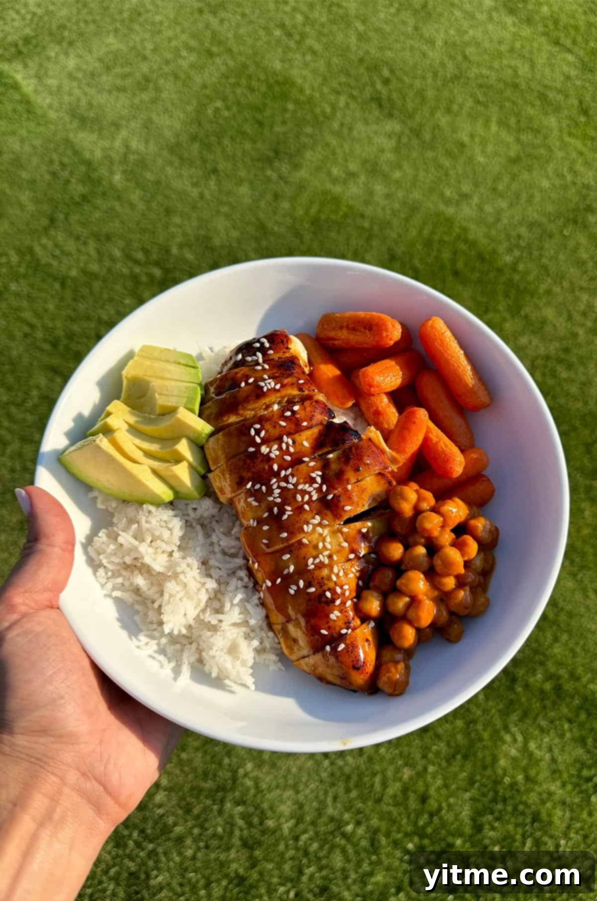 A delicious homemade bowl with creamy coconut rice, chicken, green beans, and avocado