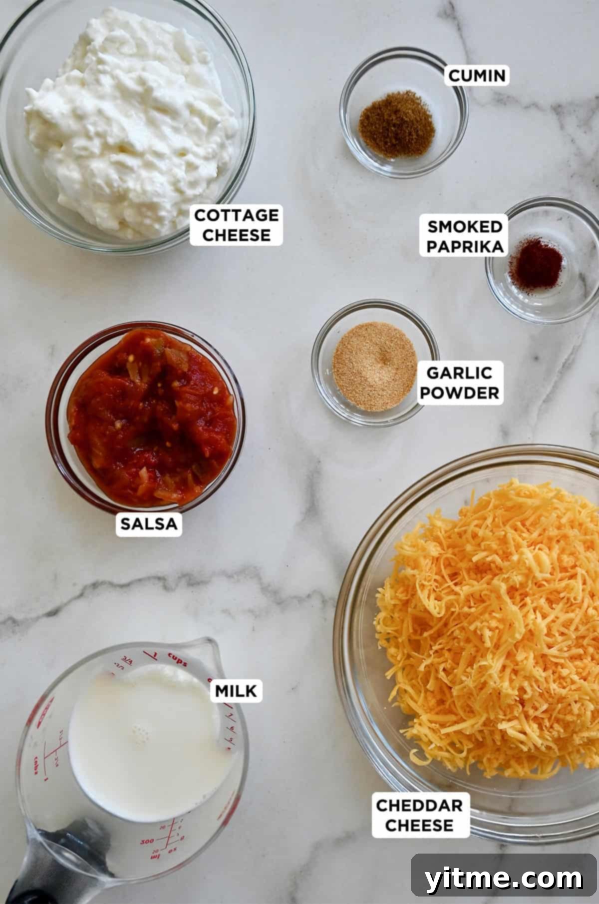 Ingredients to make the viral TikTok cottage cheese queso dip, including salsa, cottage cheese, shredded cheddar, milk, garlic powder, smoked paprika and cumin.