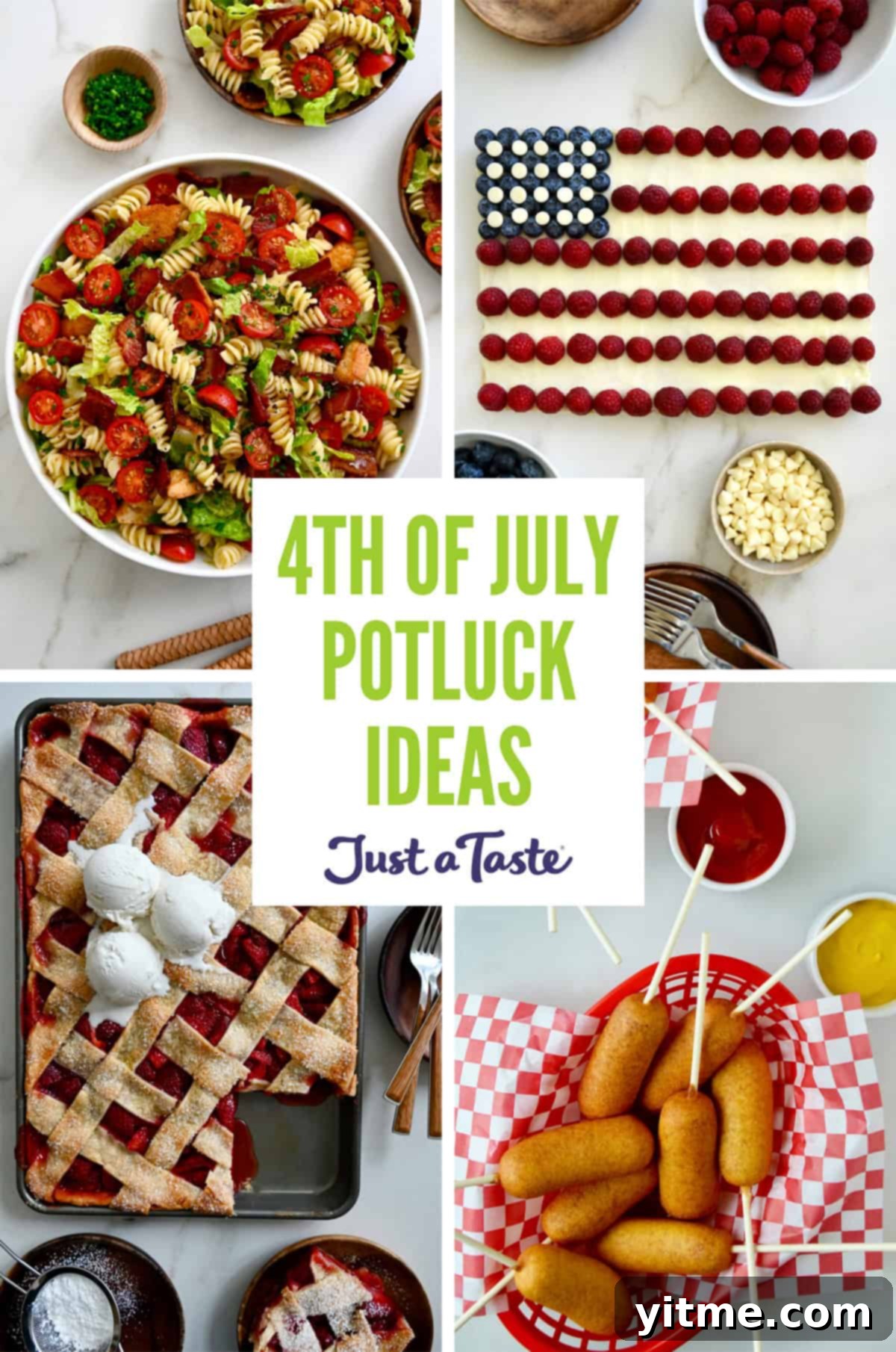 A vibrant collage of delicious Fourth of July potluck dishes, featuring summer salads, grilled meats, and patriotic desserts, set against a festive backdrop.
