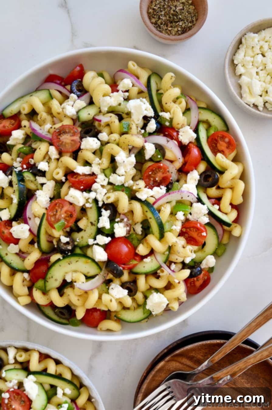 A vibrant Greek Pasta Salad with Red Wine Vinaigrette, loaded with crisp veggies, creamy feta cheese, and al dente pasta, perfect for outdoor eating.