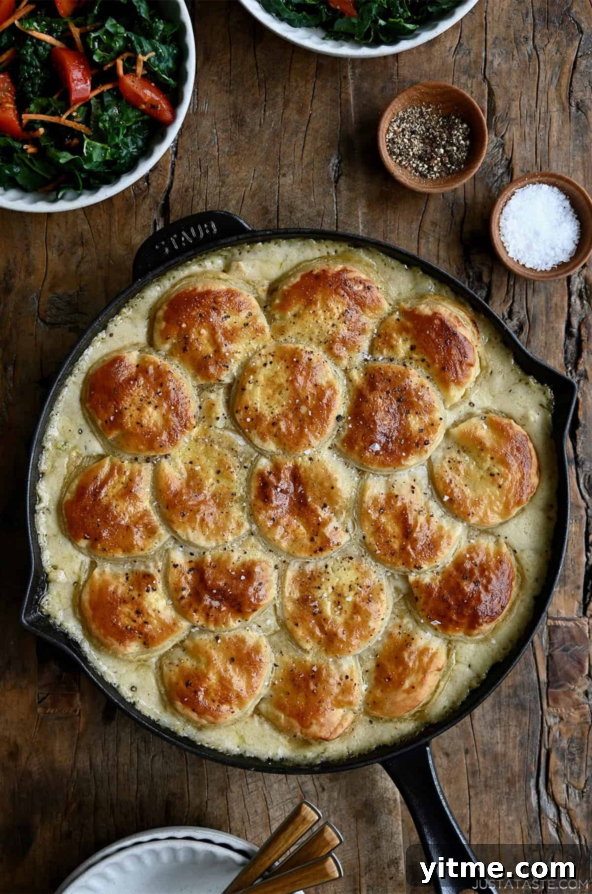 Easy homemade chicken pot pie topped with a puff pastry crust in a cast iron skillet.