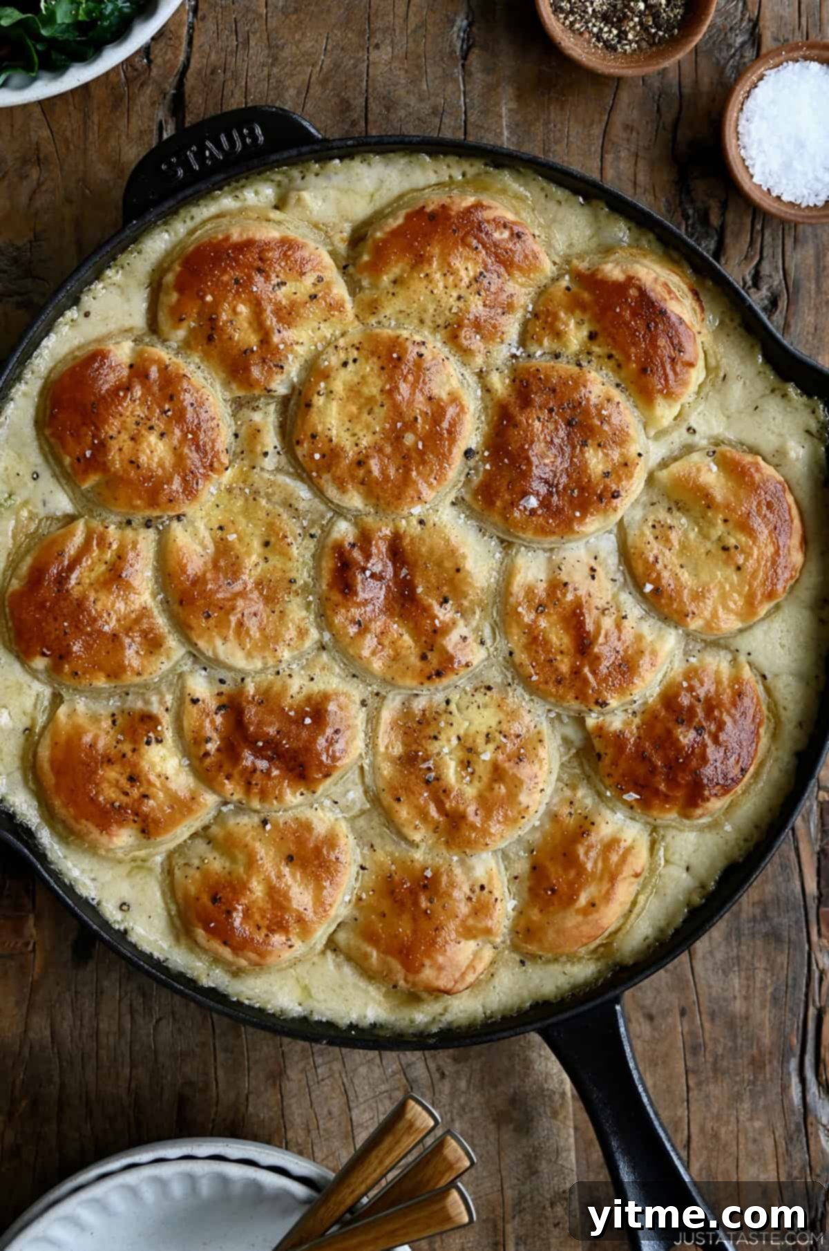 Chicken pot pie in a skillet topped with a golden, flaky puff pastry crust.