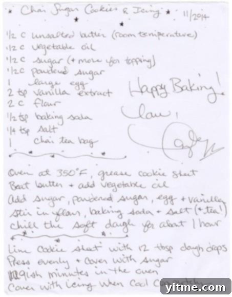 Taylor Swift's handwritten chai sugar cookies recipe.