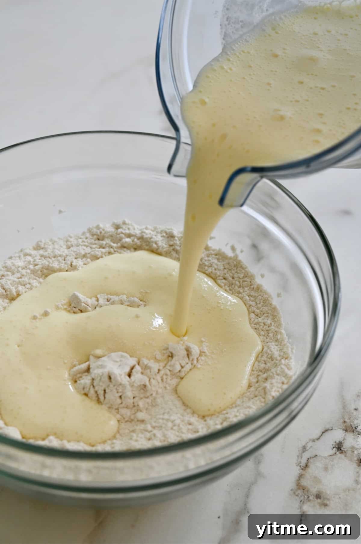 Adding wet ingredients to dry ingredients