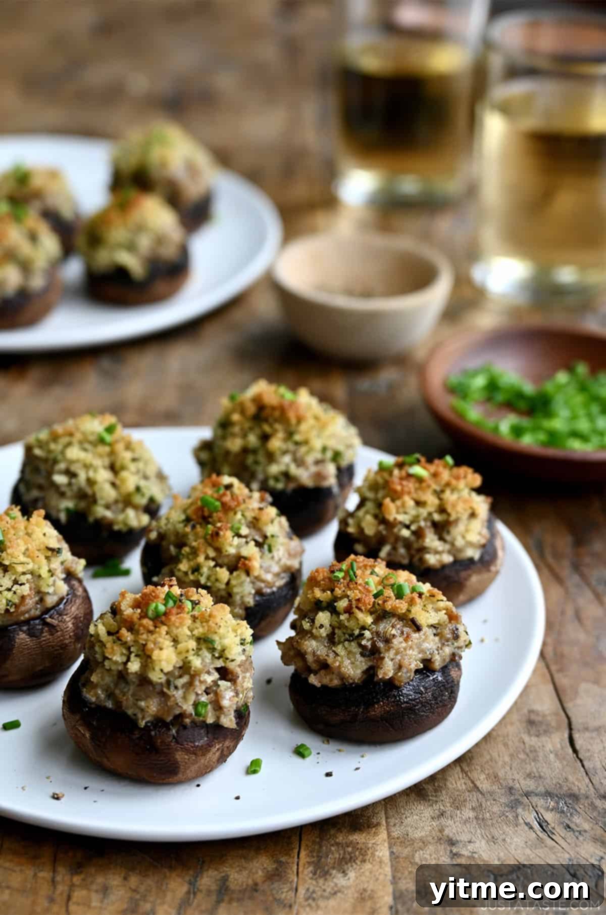 Sausage-Kissed Mushroom Bites 2 Sausage stuffed mushrooms elegantly arranged on a white appetizer plate.