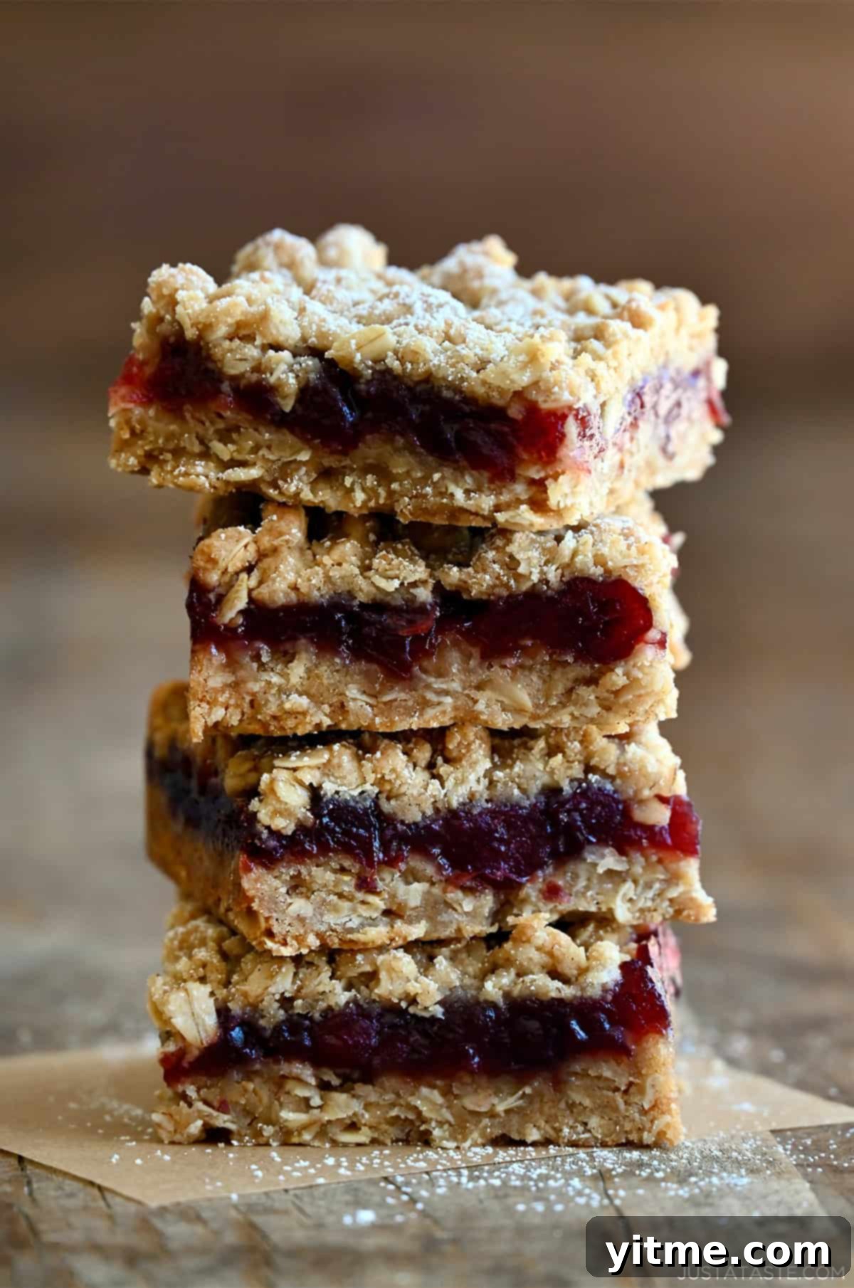 Four cranberry crumble bars stacked atop each other.