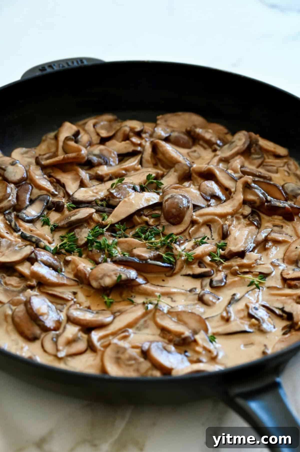 Mushroom cream sauce garnished with thyme.
