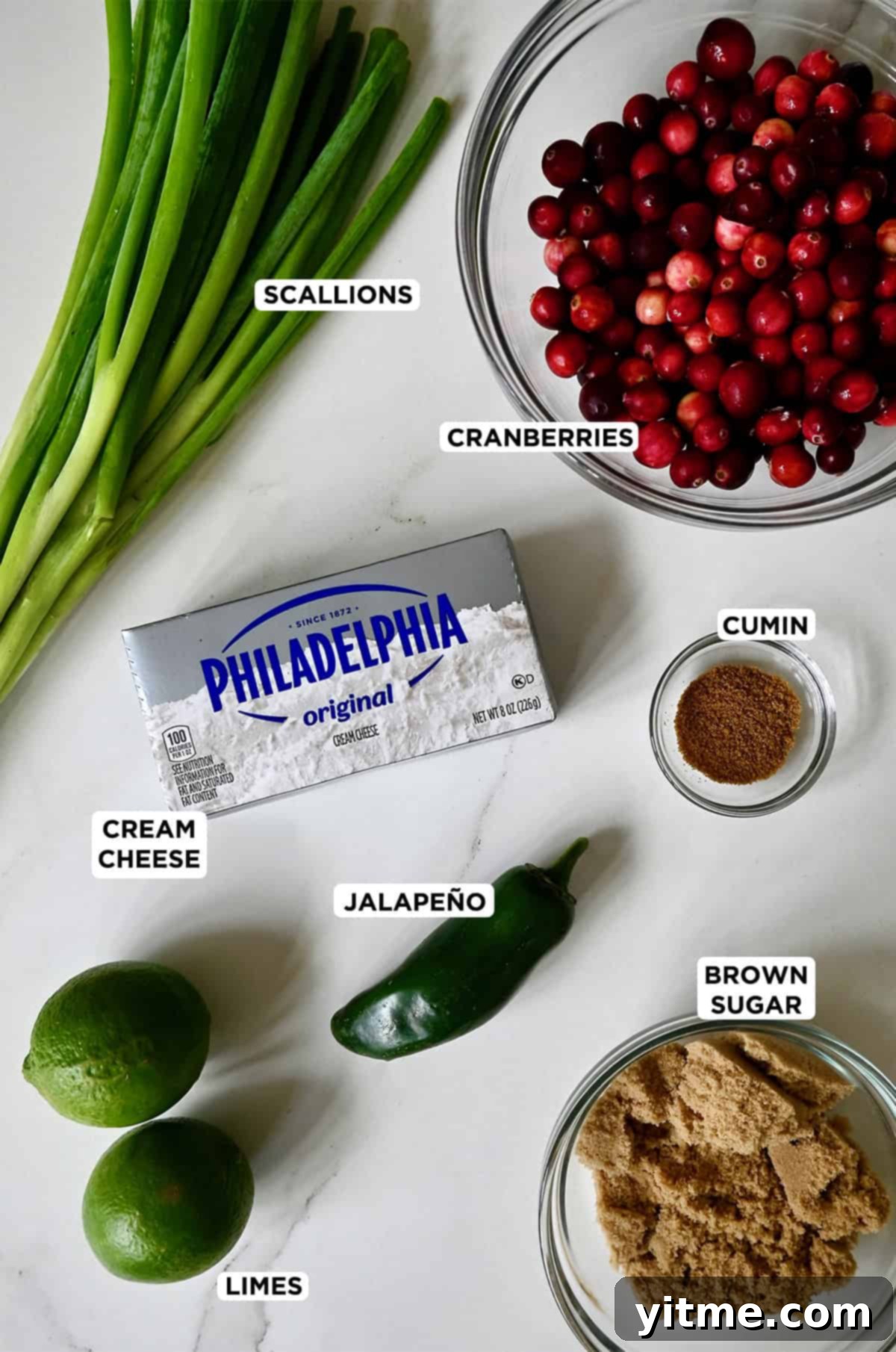 Ingredients for Cranberry Jalapeno Dip: Cranberries, jalapeno, scallions, lime, brown sugar, cumin, and cream cheese.