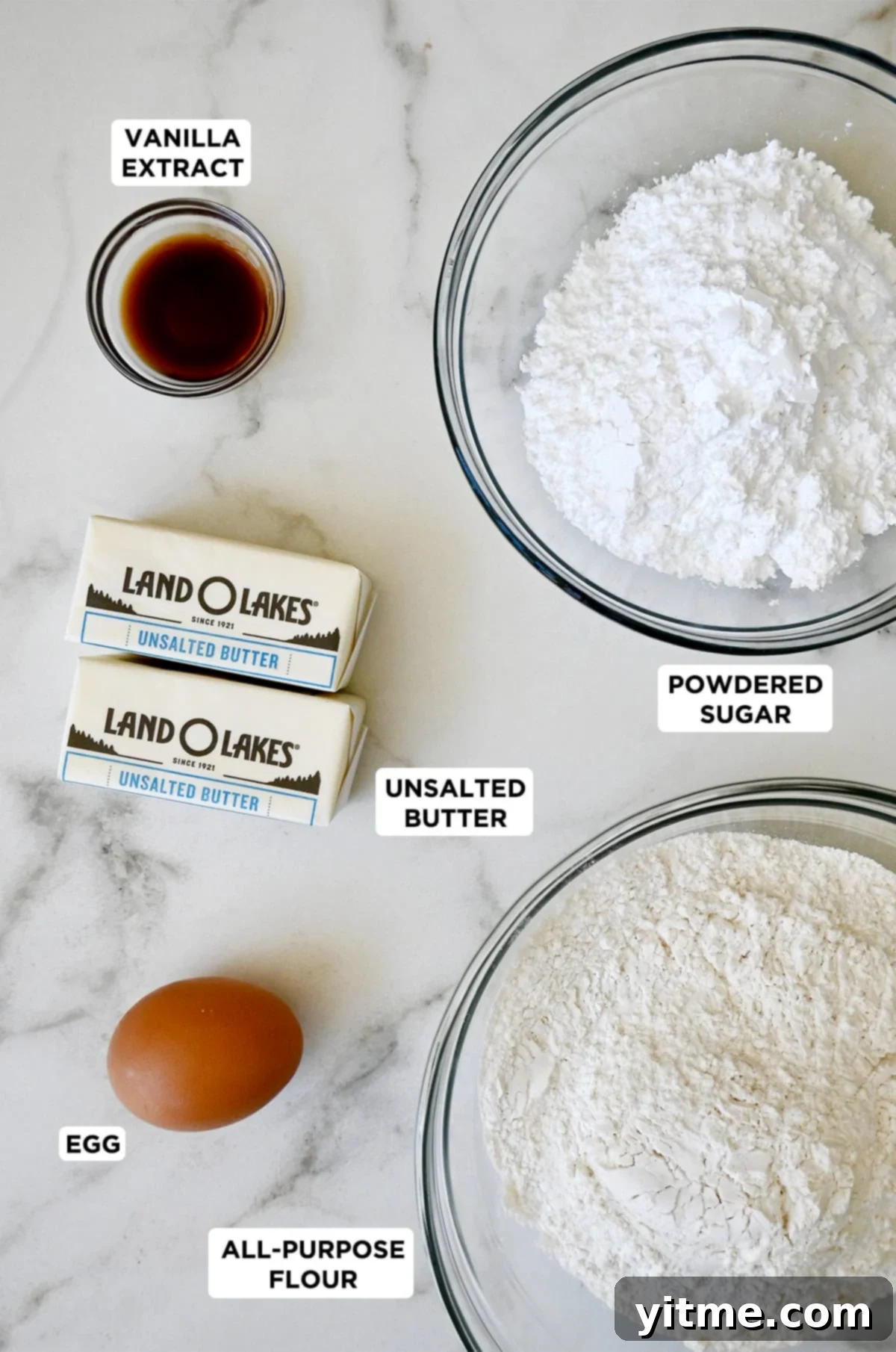 Ingredients required to make spritz cookies.