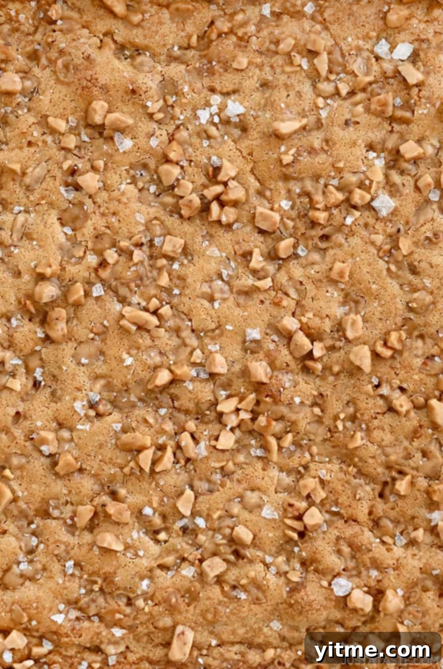 A close-up, high-angle view of a thick, chewy toffee blondie square, generously topped with an array of toffee bits and shimmering large-flake sea salt, emphasizing its texture.